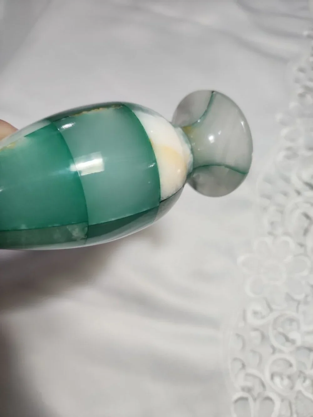 Vintage Green Onyx Stone Vase Checkered Mosaic Patchwork Design  Teal Gorgeous